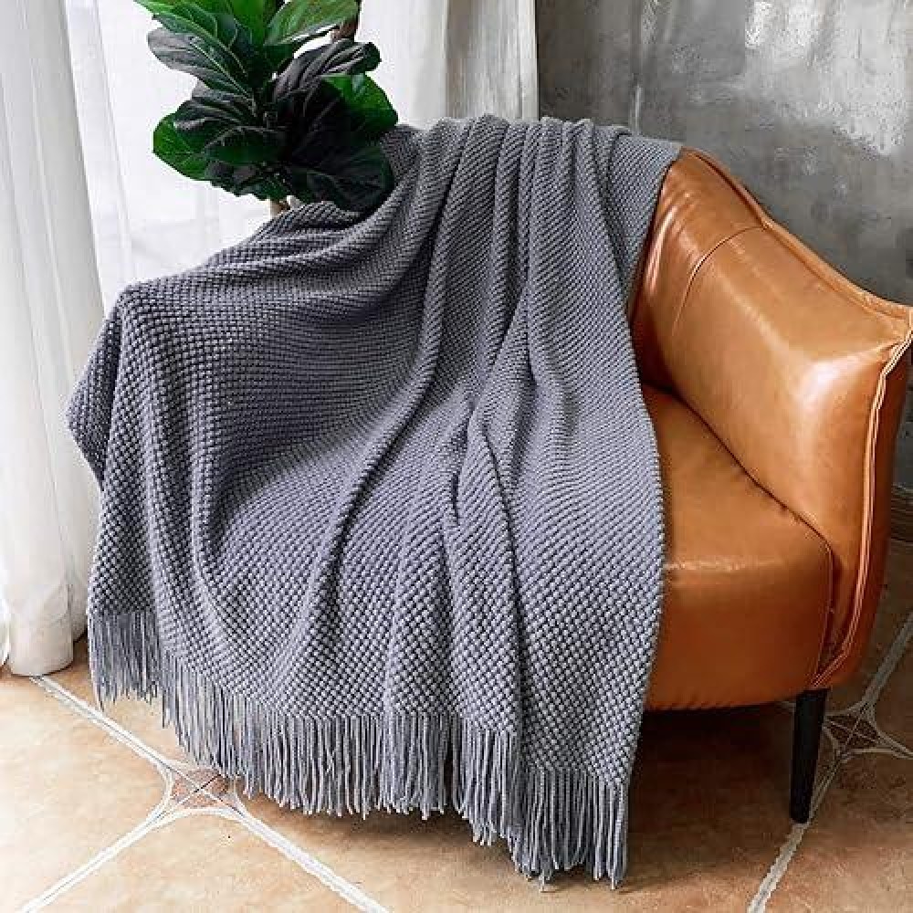 Lomao Knitted Throw Blanket With Tassels Bubble Textured Soft Lightweight Throws For Couch Cover Home Decor Dark Grey 50X60