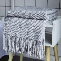 Lomao Knitted Throw Blanket With Tassels Bubble Textured Soft Lightweight Throws For Couch Cover Home Decor Light Grey 50X60