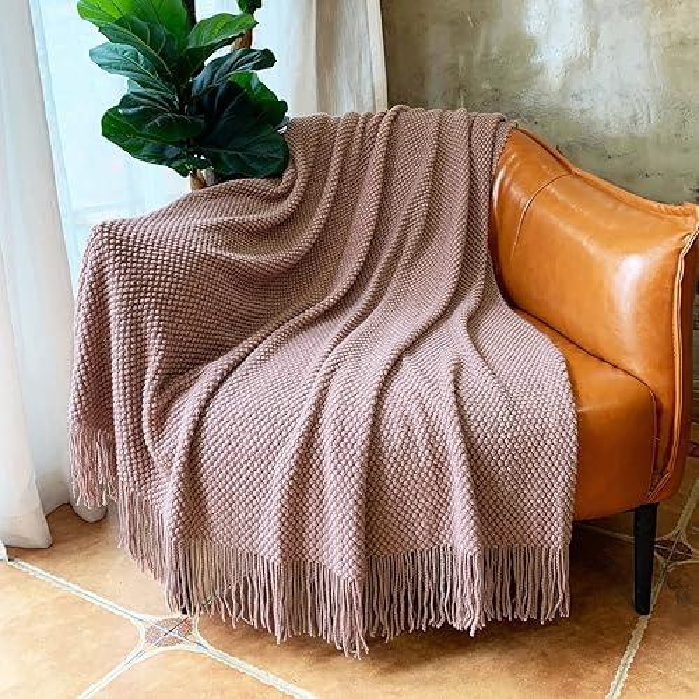 Lomao Knitted Throw Blanket With Tassels Bubble Textured Lightweight Throws For Couch Cover Home Decor Pink 50X60