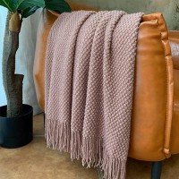 Lomao Knitted Throw Blanket With Tassels Bubble Textured Lightweight Throws For Couch Cover Home Decor Pink 50X60