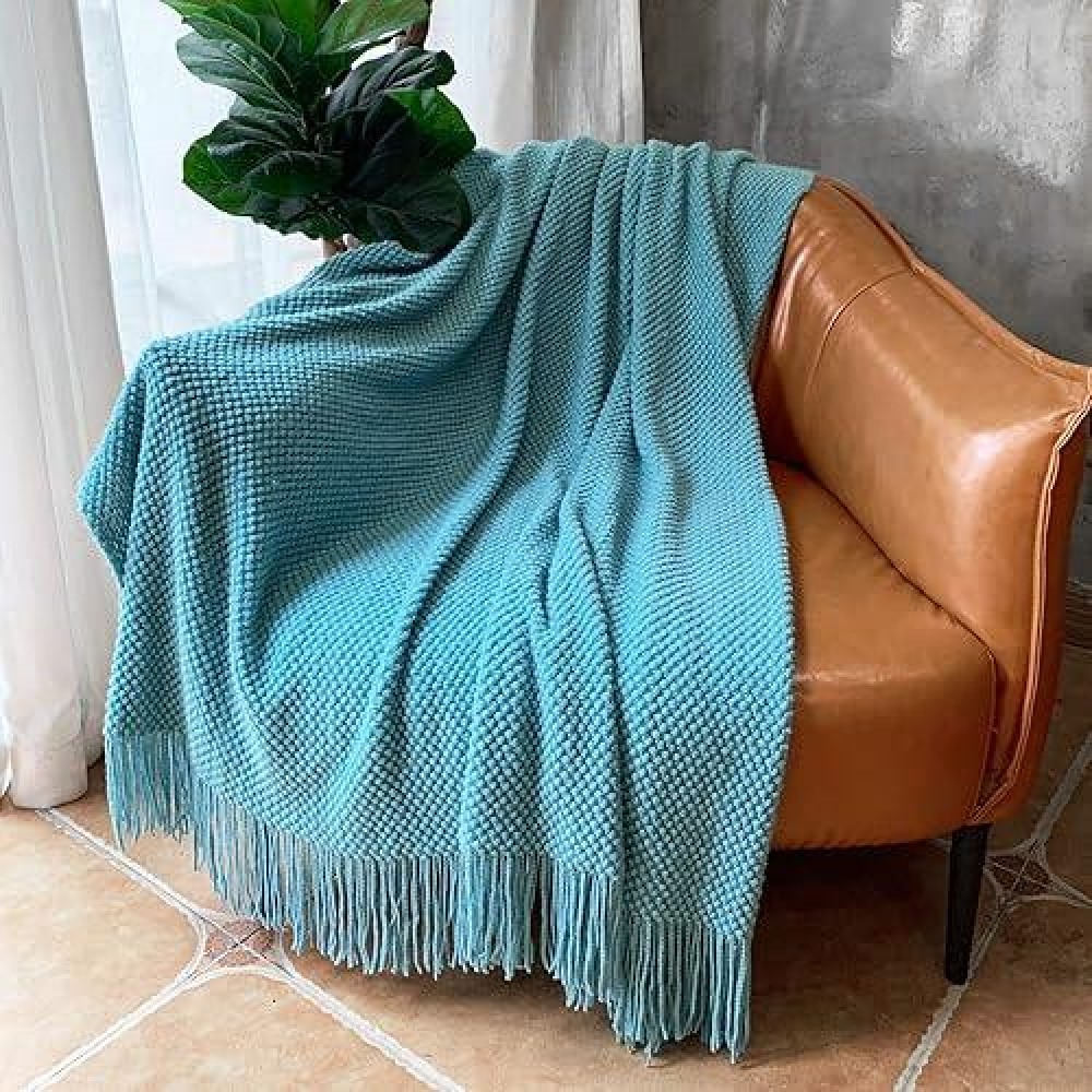 Lomao Knitted Throw Blanket With Tassels Bubble Textured Lightweight Throws For Couch Cover Home Decor Lake Blue 50X60