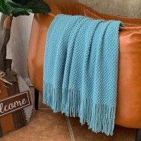 Lomao Knitted Throw Blanket With Tassels Bubble Textured Lightweight Throws For Couch Cover Home Decor Lake Blue 50X60