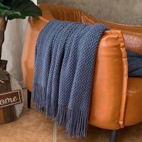 Lomao Knitted Throw Blanket With Tassels Bubble Textured Lightweight Soft Throws For Couch Cover Home Decor Navy 50X60