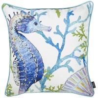 Homeroots White Polyester 18X18 Marine Seahorse Decorative Throw Pillow Cover Printed