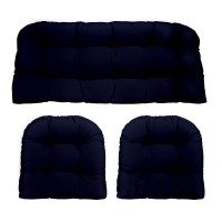 Rsh Decor Indoor Outdoor 3 Piece Tufted Wicker Settee Cushions 1 Loveseat & 2 U-Shape Weather Resistant ~ Choose Color (Navy Poly, 2- 22Inx22In 1- 44Inx22In)