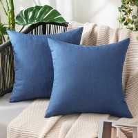 Miulee Pack Of 2 Decorative Outdoor Solid Waterproof Throw Pillow Covers Polyester Linen Garden Farmhouse Cushion Cases For Patio Tent Balcony Couch Sofa 18X18 Inch Blue