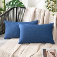 Miulee Pack Of 2 Decorative Outdoor Solid Waterproof Throw Pillow Covers Polyester Linen Garden Farmhouse Cushion Cases For Patio Tent Balcony Couch Sofa 12X20 Inch Blue