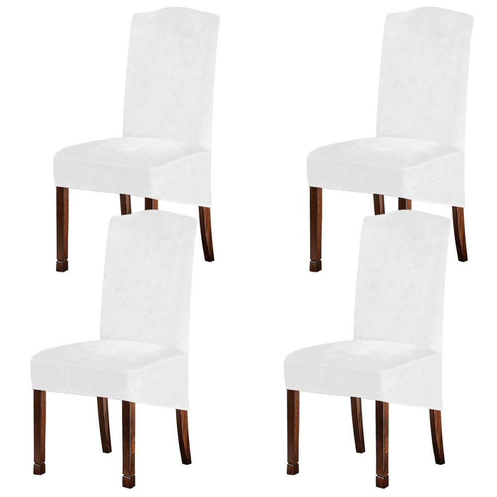 Velvet Plush Xl Dining Chair Covers, Stretch Chair Slipcover, Spandex High Chairs Protector Covers Seat Slipcover With Elastic Band For Dining Room,Wedding, Ceremony, Banquet (White, Set Of 4)