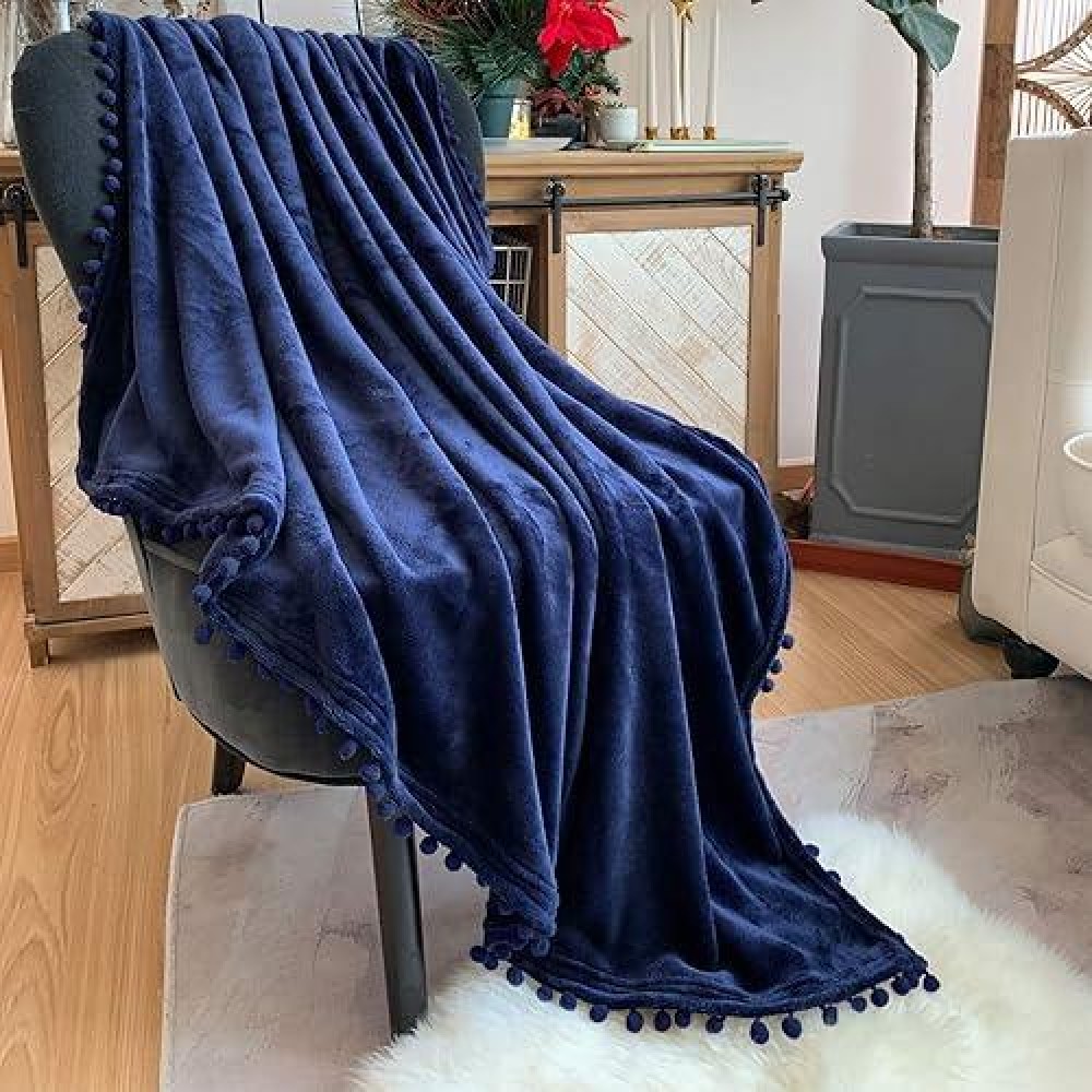 Lomao Flannel Blanket With Pompom Fringe Lightweight Cozy Bed Blanket Soft Throw Blanket Fit Couch Sofa Suitable For All Season