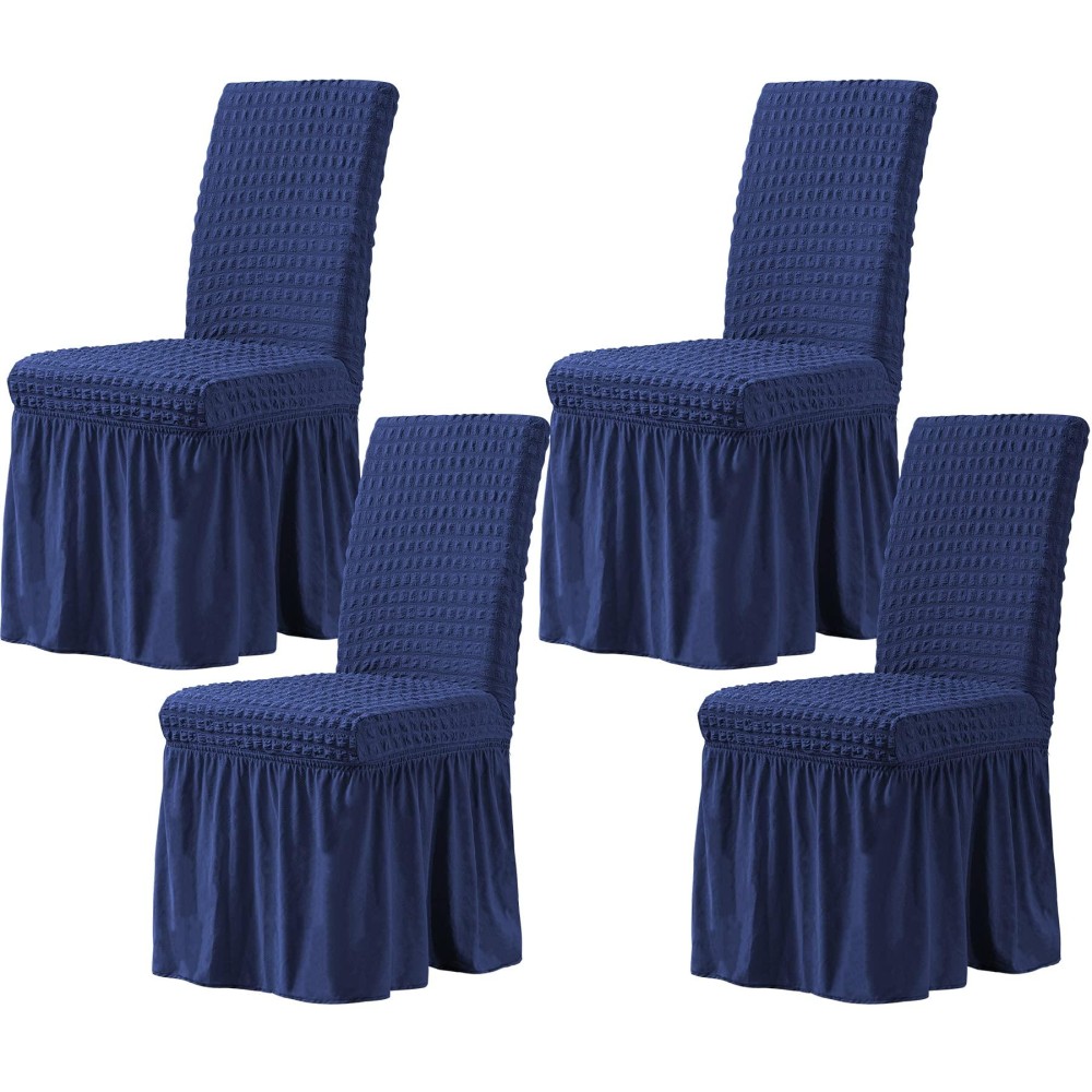 Chun Yi Dining Chair Covers Set Of 4, Universal Stretch Dining Room Chair Covers With Skirt, Removable Parsons Chair Slipcover For Kitchen Wedding Party Banquet (Navy)