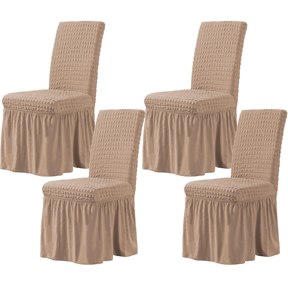 Chun Yi Dining Chair Covers Set Of 4, Universal Stretch Dining Room Chair Covers With Skirt, Removable Parsons Chair Slipcover For Kitchen Wedding Party Banquet (Dark Khaki)