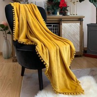 Lomao Flannel Blanket With Pompom Fringe Lightweight Cozy Bed Blanket Soft Throw Blanket Fit Couch Sofa Suitable For All Season