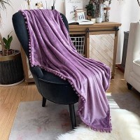 Lomao Flannel Blanket With Pompom Fringe Lightweight Cozy Bed Blanket Soft Throw Blanket Fit Couch Sofa Suitable For All Season