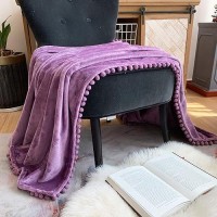 Lomao Flannel Blanket With Pompom Fringe Lightweight Cozy Bed Blanket Soft Throw Blanket Fit Couch Sofa Suitable For All Season