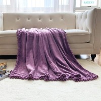 Lomao Flannel Blanket With Pompom Fringe Lightweight Cozy Bed Blanket Soft Throw Blanket Fit Couch Sofa Suitable For All Season