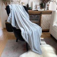 Lomao Flannel Blanket With Pompom Fringe Lightweight Cozy Bed Blanket Soft Throw Blanket Fit Couch Sofa Suitable For All Season