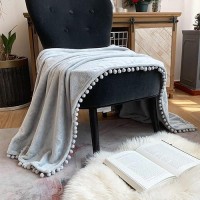 Lomao Flannel Blanket With Pompom Fringe Lightweight Cozy Bed Blanket Soft Throw Blanket Fit Couch Sofa Suitable For All Season