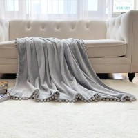 Lomao Flannel Blanket With Pompom Fringe Lightweight Cozy Bed Blanket Soft Throw Blanket Fit Couch Sofa Suitable For All Season