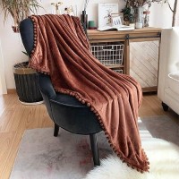 Lomao Flannel Blanket With Pompom Fringe Lightweight Cozy Bed Blanket Soft Throw Blanket Fit Couch Sofa Suitable For All Season