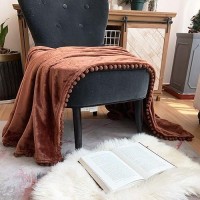 Lomao Flannel Blanket With Pompom Fringe Lightweight Cozy Bed Blanket Soft Throw Blanket Fit Couch Sofa Suitable For All Season