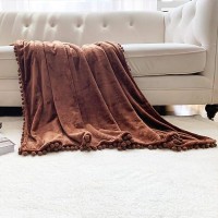 Lomao Flannel Blanket With Pompom Fringe Lightweight Cozy Bed Blanket Soft Throw Blanket Fit Couch Sofa Suitable For All Season