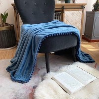 Lomao Flannel Blanket With Pompom Fringe Lightweight Cozy Bed Blanket Soft Throw Blanket Fit Couch Sofa Suitable For All Season