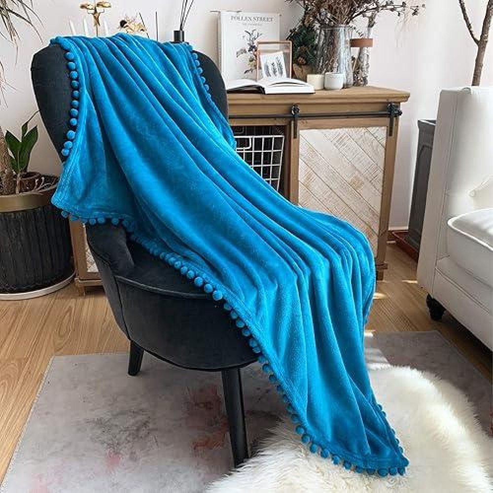 Lomao Flannel Blanket With Pompom Fringe Lightweight Cozy Bed Blanket Soft Throw Blanket Fit Couch Sofa Suitable For All Season