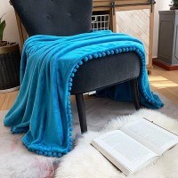 Lomao Flannel Blanket With Pompom Fringe Lightweight Cozy Bed Blanket Soft Throw Blanket Fit Couch Sofa Suitable For All Season