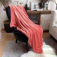 Lomao Flannel Blanket With Pompom Fringe Lightweight Cozy Bed Blanket Soft Throw Blanket Fit Couch Sofa Suitable For All Season