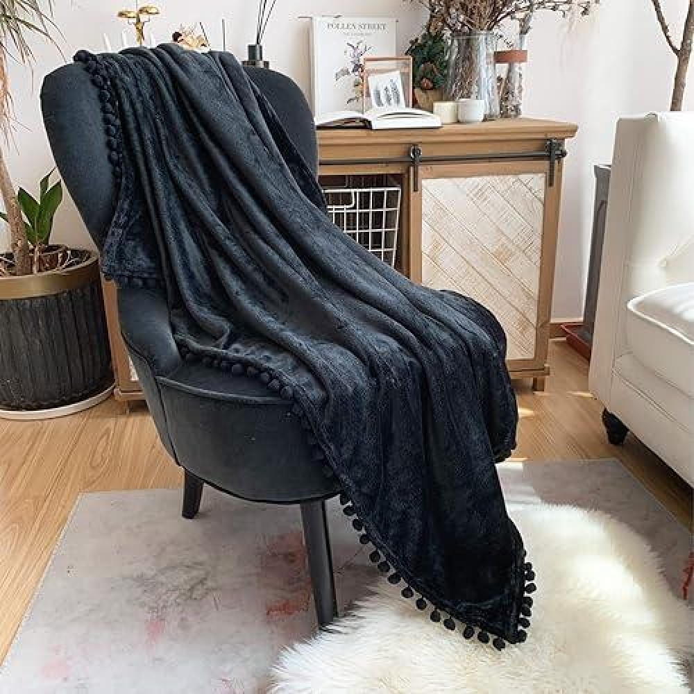 Lomao Flannel Blanket With Pompom Fringe Lightweight Cozy Bed Blanket Soft Throw Blanket Fit Couch Sofa Suitable For All Season