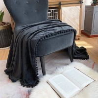 Lomao Flannel Blanket With Pompom Fringe Lightweight Cozy Bed Blanket Soft Throw Blanket Fit Couch Sofa Suitable For All Season