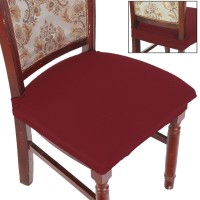 Buyue Luxury Dining Room Chair Covers Set Of 4, Easy Installation Stretchy Jacquard Armless Kitchen Chair Seat Protectors, Rear Covered- Burgundy- 4