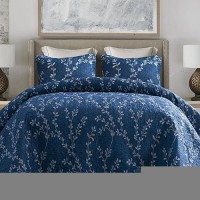 Exclusivo Mezcla Reversible Floral Quilt Set King Size 3 Piece Soft Lightweight Flower Pattern Printed Navy Bedspreads Coverlet