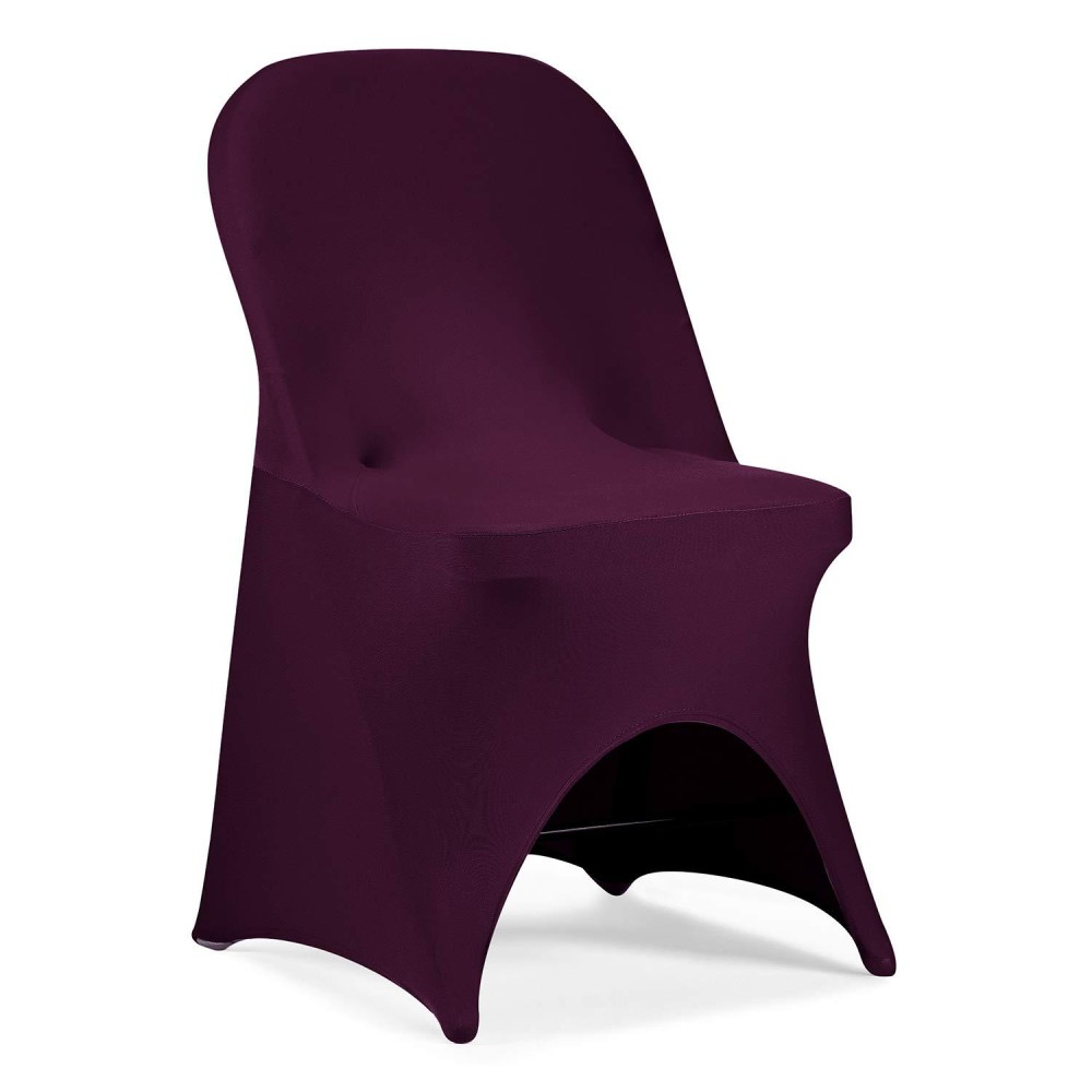 Peomeise Stretch Spandex Folding Chair Cover With Open Back For Wedding Party Dining Banquet Event (Eggplant With Open Back,12Pcs)