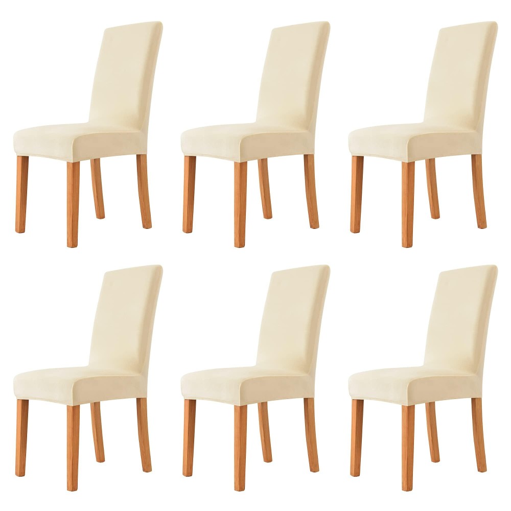 Milaran Velvet Chair Covers For Dining Room, Soft Stretch Seat Slipcover, Washable Removable Parsons Chair Protector, Set Of 6, Cream