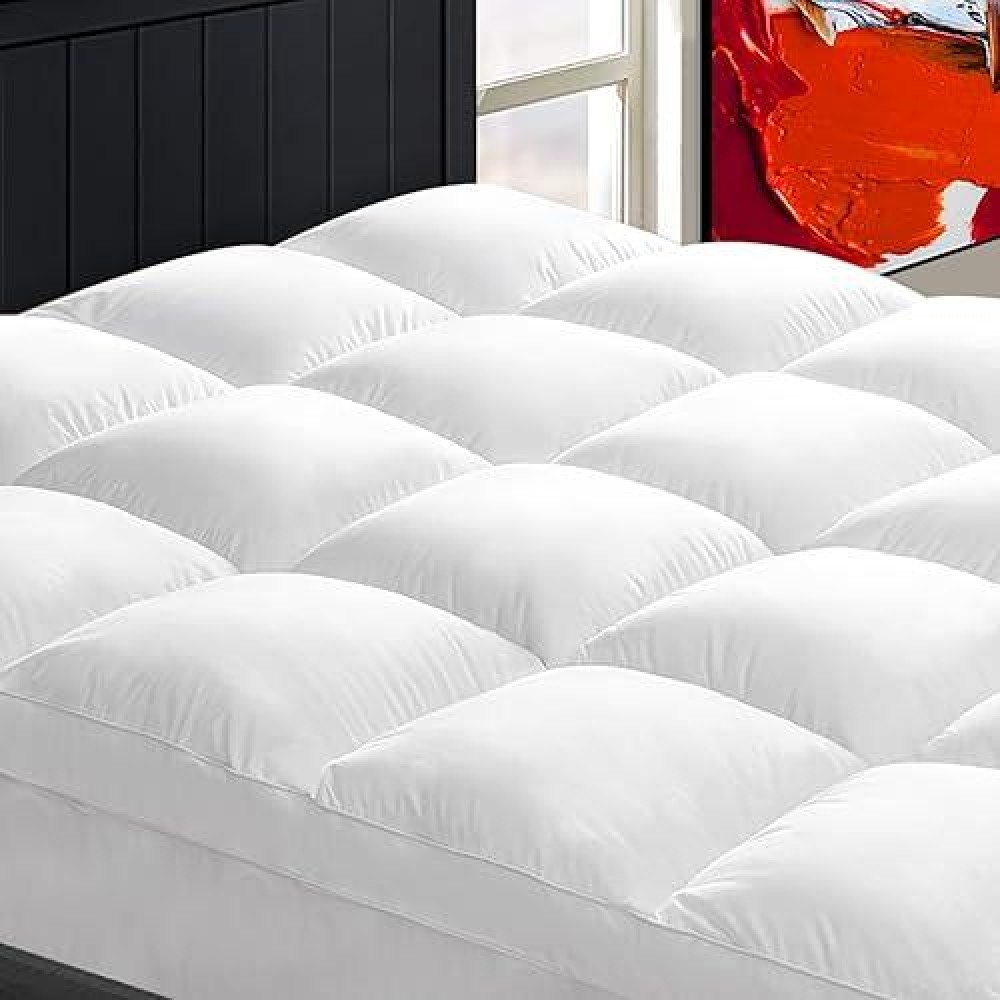 Mattress Topper Full For Back Pain  Extra Thick Mattress Pad Cover  Plush Pillow Top Overfilled With Down Alternative  Deep Elastic Pocket  White