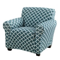 Great Bay Home Printed Twill Arm Chair Slipcover. One Piece Stretch Chair Cover. Strapless Arm Chair Cover For Living Room. Fallon Collection Slipcover. (Chair, Smoke Blue)