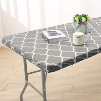 Vinyl Fitted Tablecloth For 6 Ft Rectangle Table, Gray Moroccan Design, Waterproof Elastic Table Cover With Flannel Backed Lining, Fits 30