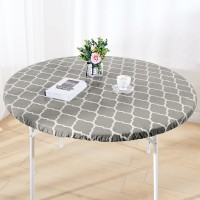 Zhuqing Heavy Duty Vinyl Round Fitted Tablecloth, Gray Moroccan Design, Spillproof Waterproof Elastic Table Cover With Flannel Backed Lining, Fits 45