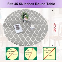 Zhuqing Heavy Duty Vinyl Round Fitted Tablecloth, Gray Moroccan Design, Spillproof Waterproof Elastic Table Cover With Flannel Backed Lining, Fits 45