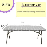 4 Ft Gray Moroccan Rectangular Fitted Plastic Table Cover, Waterproof Elastic Edge Vinyl Tablecloth With Flannel Backing, Fits 24 X 48 Inch Picnic Folding Table, For Outdoor Travel/Holiday/Party