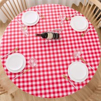 Lifesmells Round Fitted Vinyl Tablecloth For Indoor Outdoor Patio Tables,Oil&Waterproof Wipeable,Flannel Backed&Elastic Edge,Red-White Gingham Plaid Check Plastic For 5-Seat Table Of 45-56