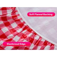 Lifesmells Round Fitted Vinyl Tablecloth For Indoor Outdoor Patio Tables,Oil&Waterproof Wipeable,Flannel Backed&Elastic Edge,Red-White Gingham Plaid Check Plastic For 5-Seat Table Of 45-56