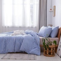 Jellymoni 100 Natural Cotton 3Pcs Striped Duvet Cover Sets White Duvet Cover With Blue Stripes Pattern Printed Comforter Cover