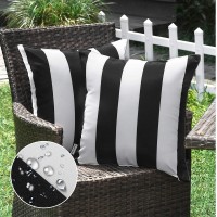 Western Home Pack Of 2 Decorative Outdoor Solid Waterproof Striped Throw Pillow Covers Polyester Linen Garden Farmhouse Cushion Cases For Patio Tent Balcony Couch Sofa 20X20 Inch Black