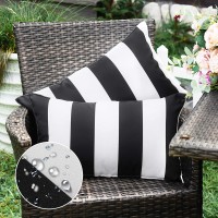 Western Home Pack Of 2 Decorative Outdoor Solid Waterproof Striped Throw Pillow Covers Polyester Linen Garden Farmhouse Cushion Cases For Patio Tent Balcony Couch Sofa 12X20 Inch Black