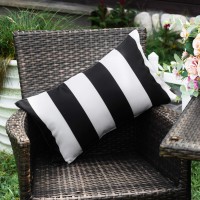 Western Home Pack Of 2 Decorative Outdoor Solid Waterproof Striped Throw Pillow Covers Polyester Linen Garden Farmhouse Cushion Cases For Patio Tent Balcony Couch Sofa 12X20 Inch Black