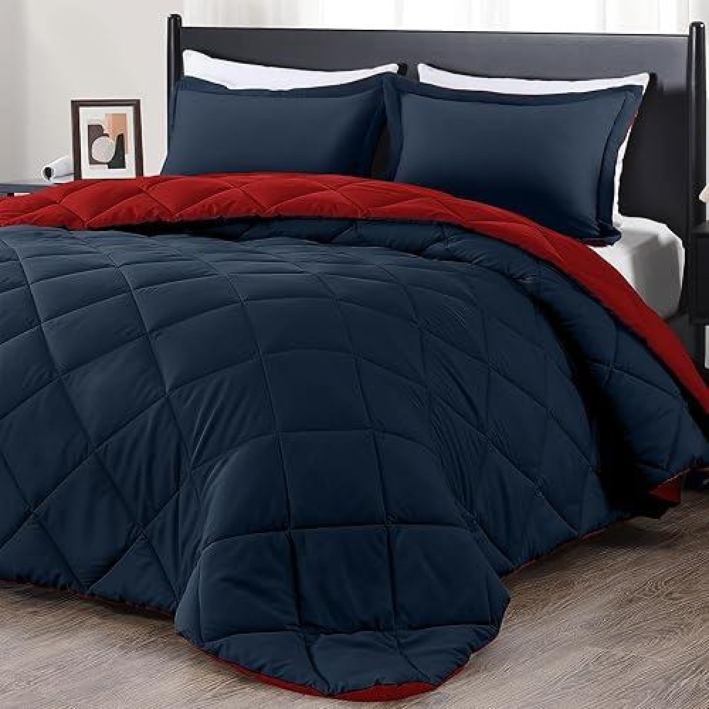 Downluxe King Size Comforter Set Red And Navy King Comforter Soft Bedding Sets For All Seasons 3 Pieces 1 Comforter 104