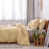 Jellymoni 100 Natural Cotton 2Pcs Striped Duvet Cover Sets White Duvet Cover With Yellow Stripes Pattern Printed Comforter Cov