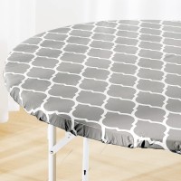 Zhuqing Heavy Duty Vinyl Round Fitted Tablecloth, Gray Moroccan Design, Spillproof Waterproof Elastic Table Cover With Flannel Backed Lining, Fits 40